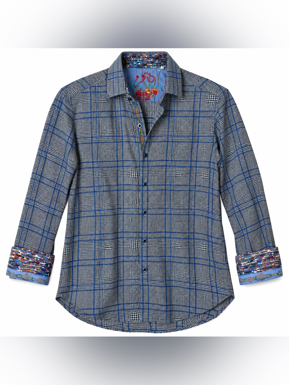 Robert Graham Classic Fit Blue Plaid Shirt Contrast Flip Cuffs Embroidered Sz S